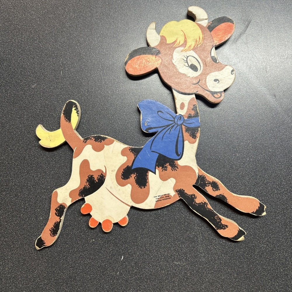 Cow Nursery Rhymes Wall Decor Vtg 50s Dolly Toy‎ Co Plaque Hey Diddle Diddle